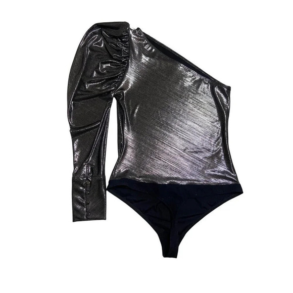ALIX NYC Dakota Lamé One-Shoulder Silver Metallic Bodysuit-sz Small - Picture 14 of 15